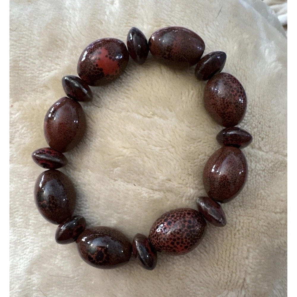 VTG 70s Ceramic Bead Bracelet Brown Red Boho Artisan Hippie Stretch Lava Glaze